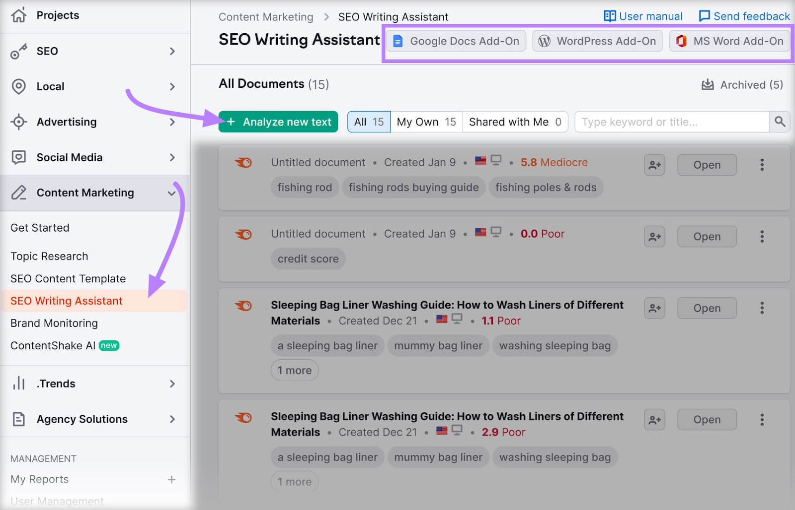 "Analyze new text" button in SEO Writing Assistant