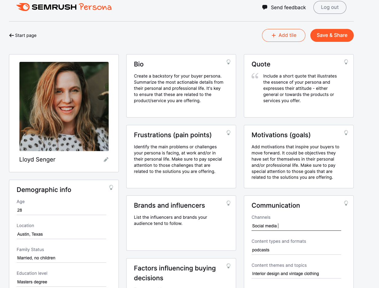 An example of a clearly defined persona in Semrush Persona tool