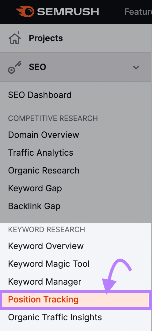 “Position Tracking” highlighted in the left-hand menu of Semrush