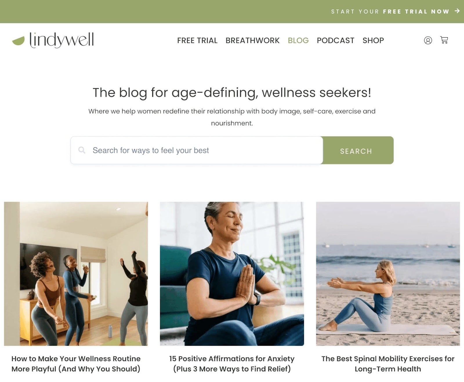 Wellness blog Lindywell's homepage with three blog post previews