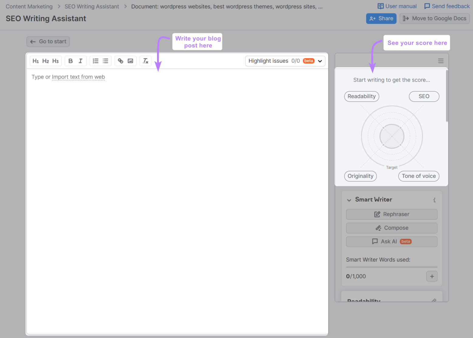 SEO Writing Assistant editor with content score section on the right-hand side