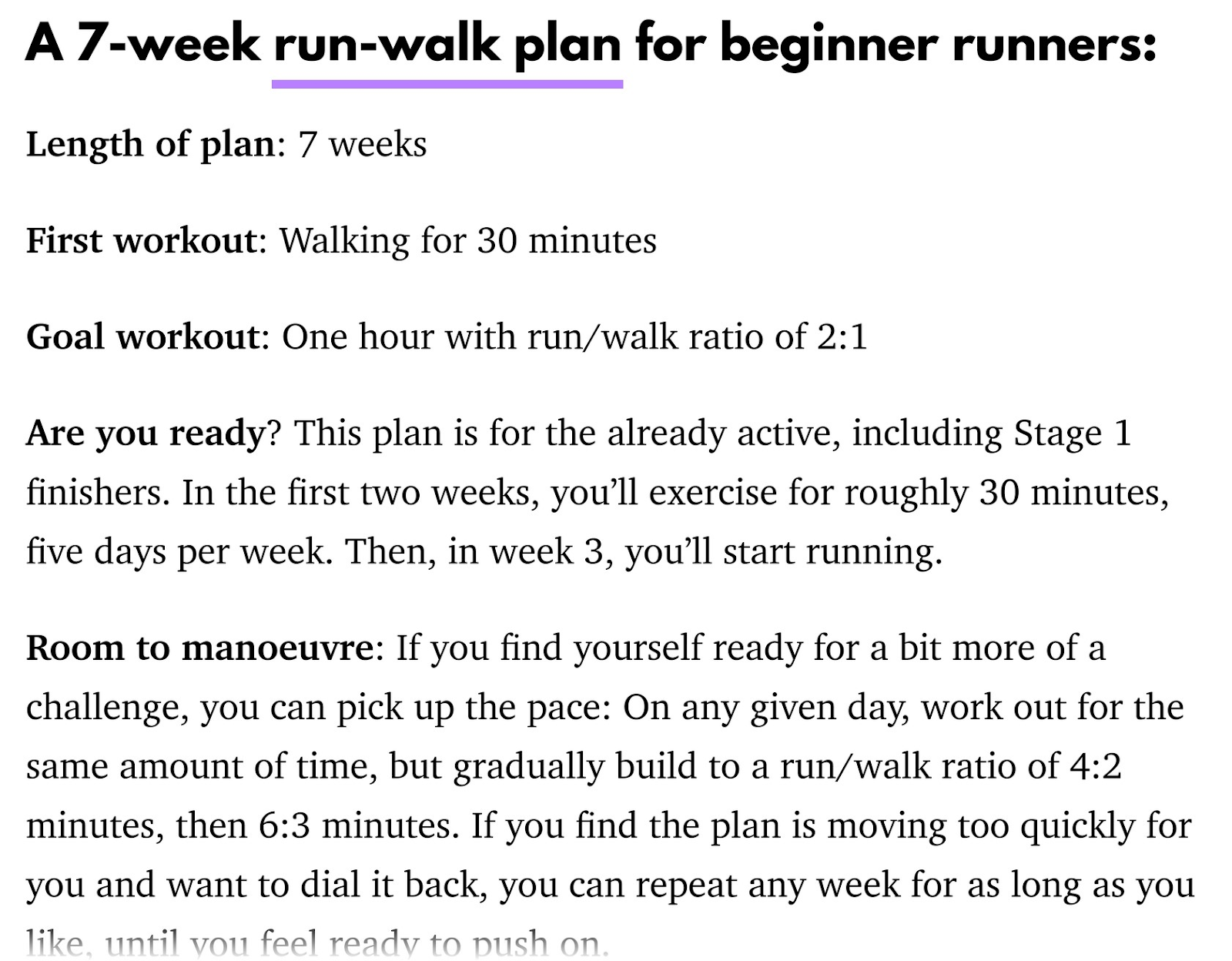 An example of a 7-week run-walk plan for beginners