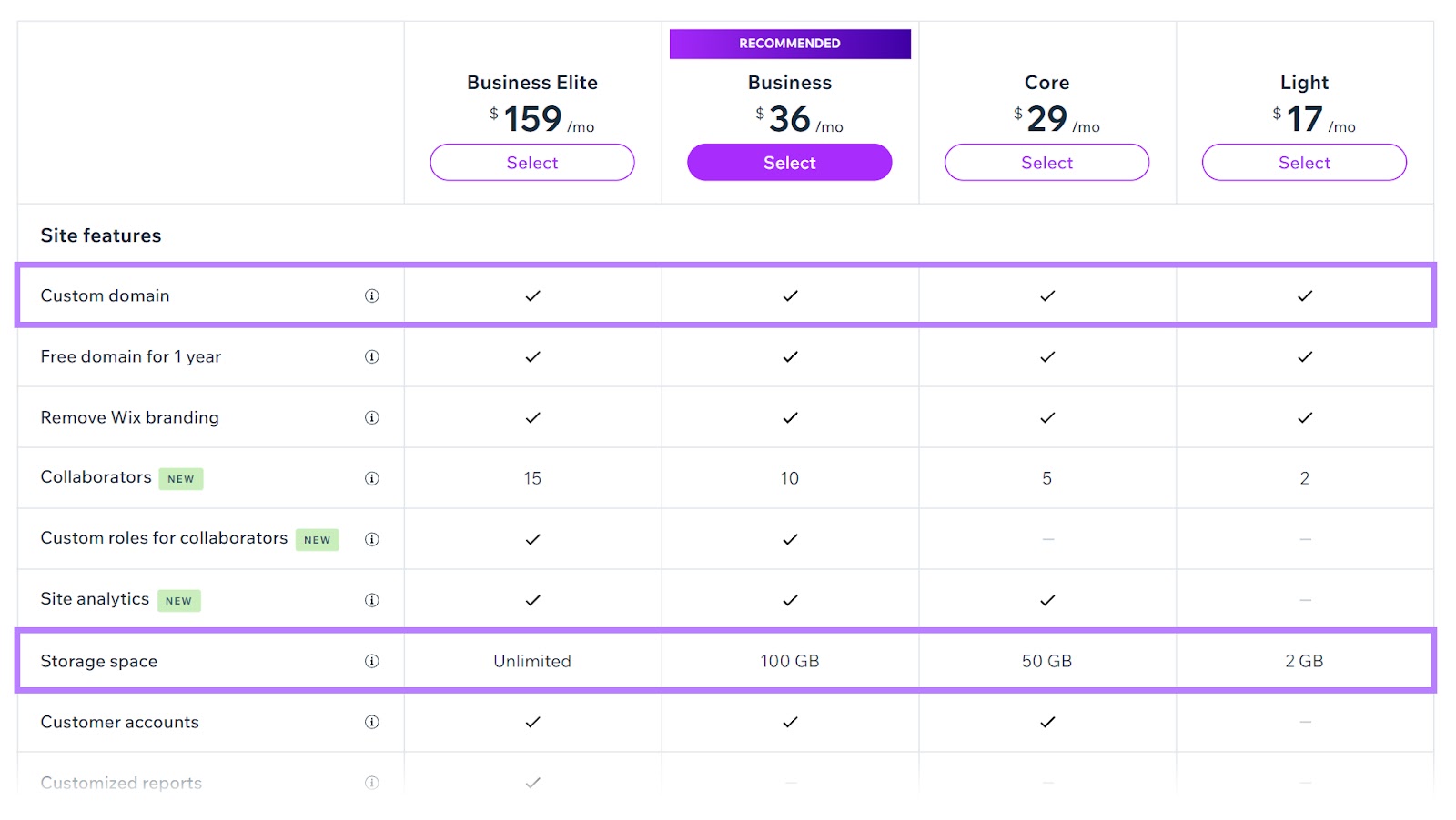 A table showing Wix Premium site features