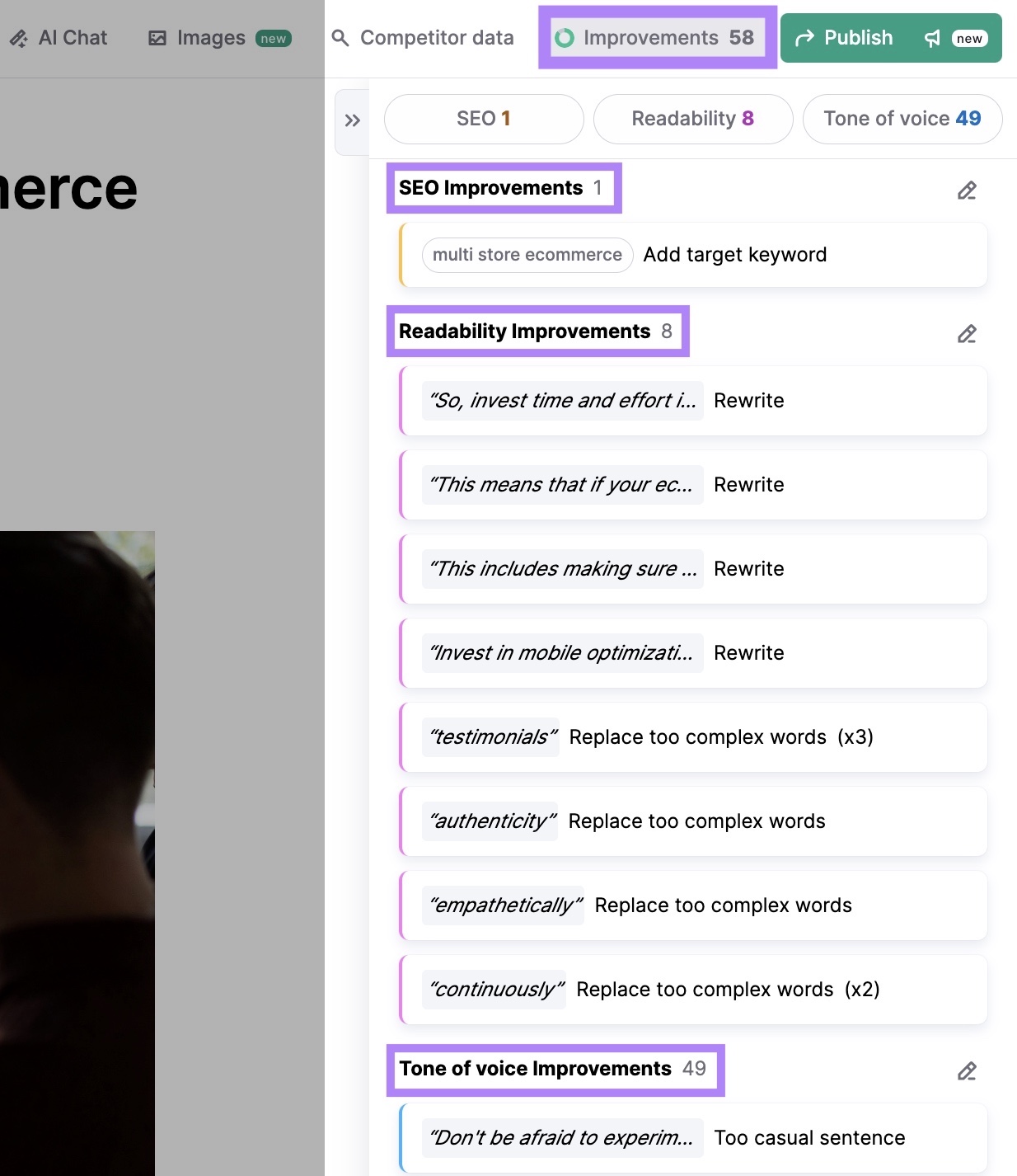 “Improvements” tab connected  ContentShake with SEO, readability, and code    of dependable   suggestions.