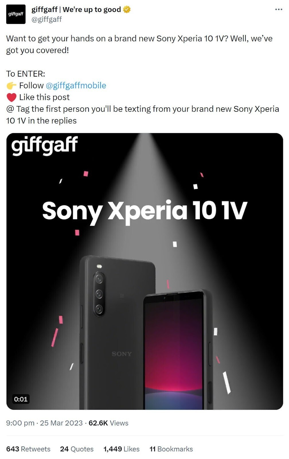 Twitter post by GiffGaff promoting Sony Xperia 10 1V