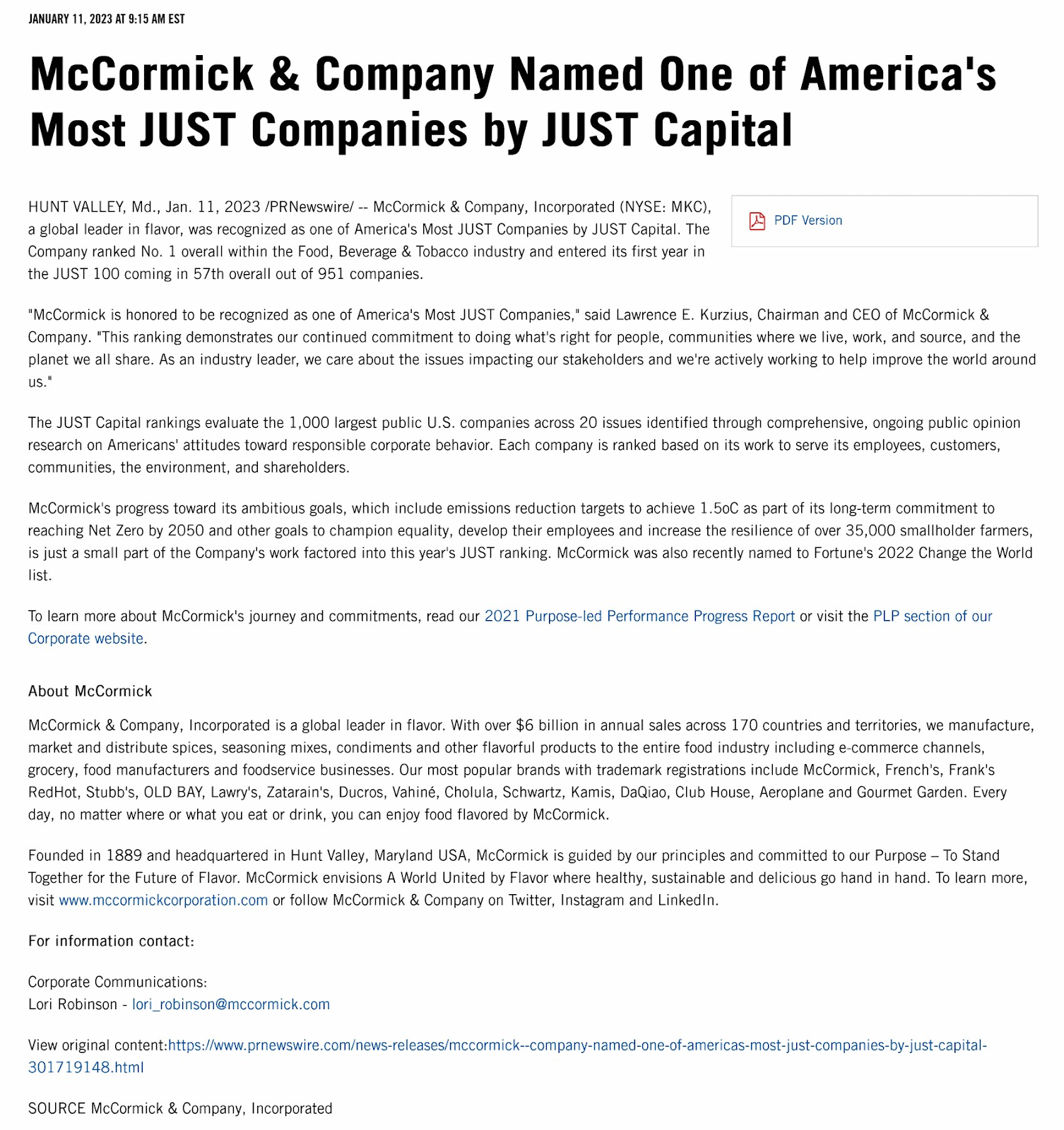 An example of McCormick & Company's press release