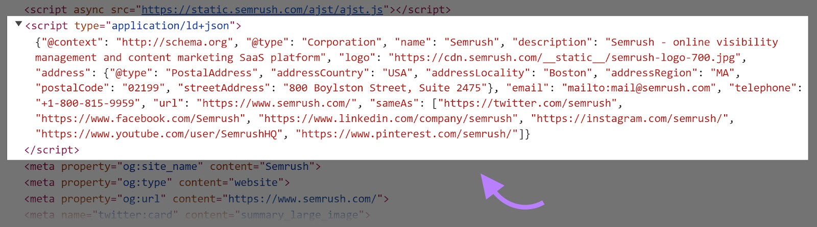 Schema markup HTML script code of the Semrush homepage.