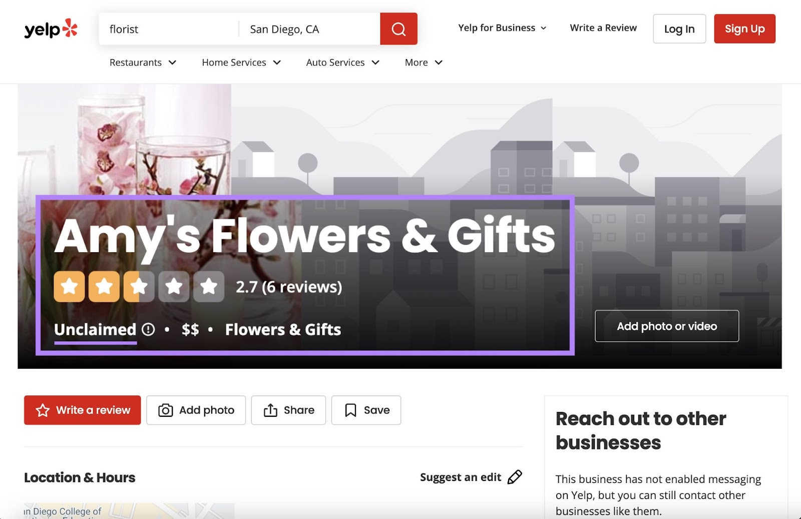 a local citation for Amy’s Flowers & Gifts on Yelp