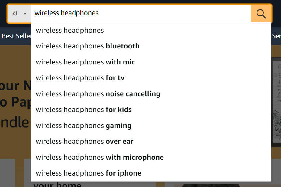 Amazon's suggestions when typing "wireless headphones" into the search bar