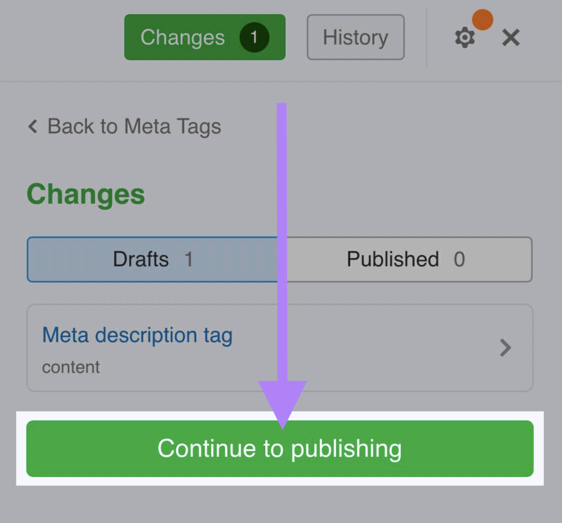 page improve's continue to publishing meta description button