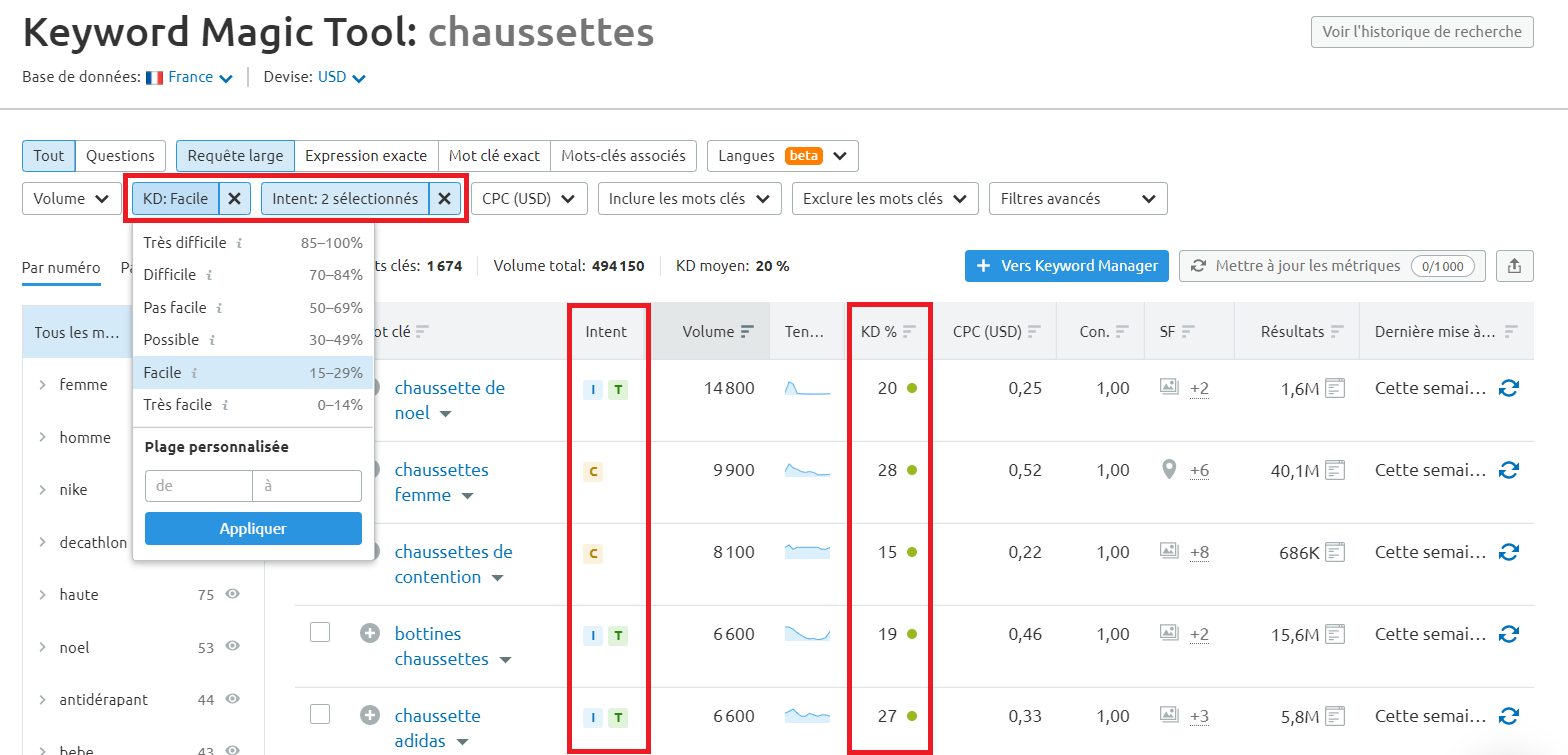 Semrush Keyword Magic Tool intentions sélection KD