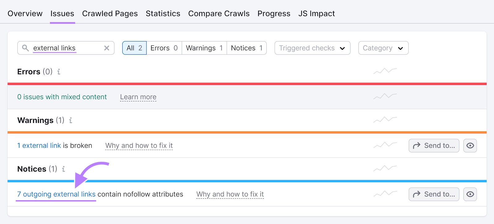 "Issues" tab of the Site Audit tool with "7 outgoing external links contain nofollow attributes" notice highlighted