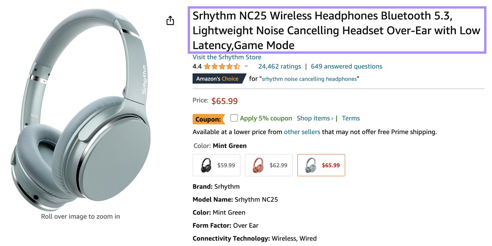 An example of a product title for wireless headphones on Amazon