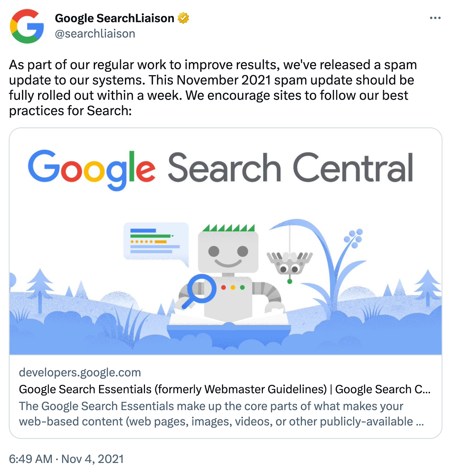 Google Search Liaison announcement on Twitter
