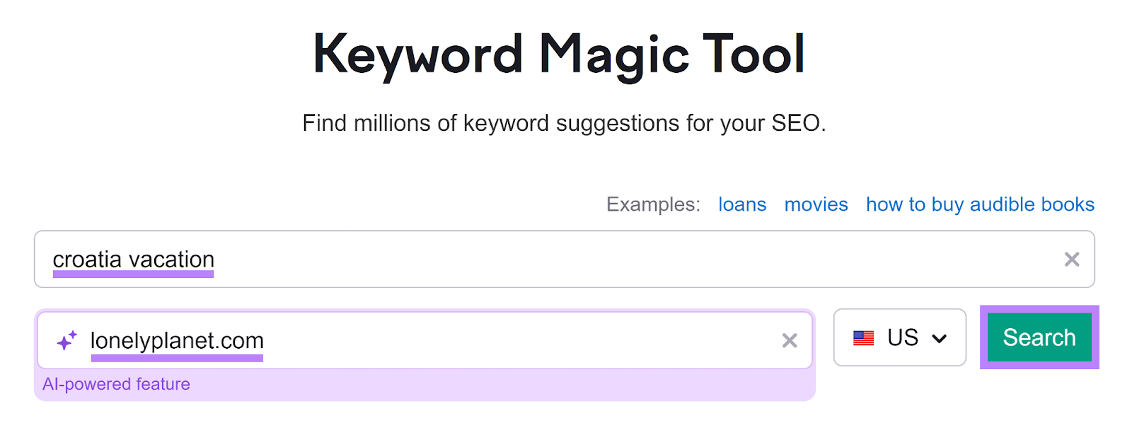 Keyword Magic Tool start with keyword and domain entered and Search button highlighted