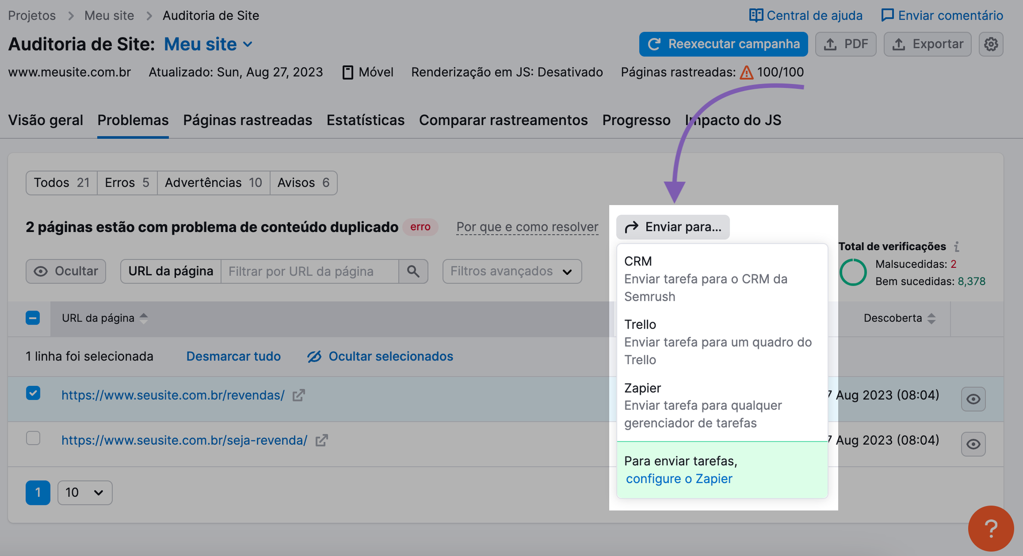 “Enviar para...” botão na Auditoria do site com opções do menu: "CRM", "Trello" e "Zapier"