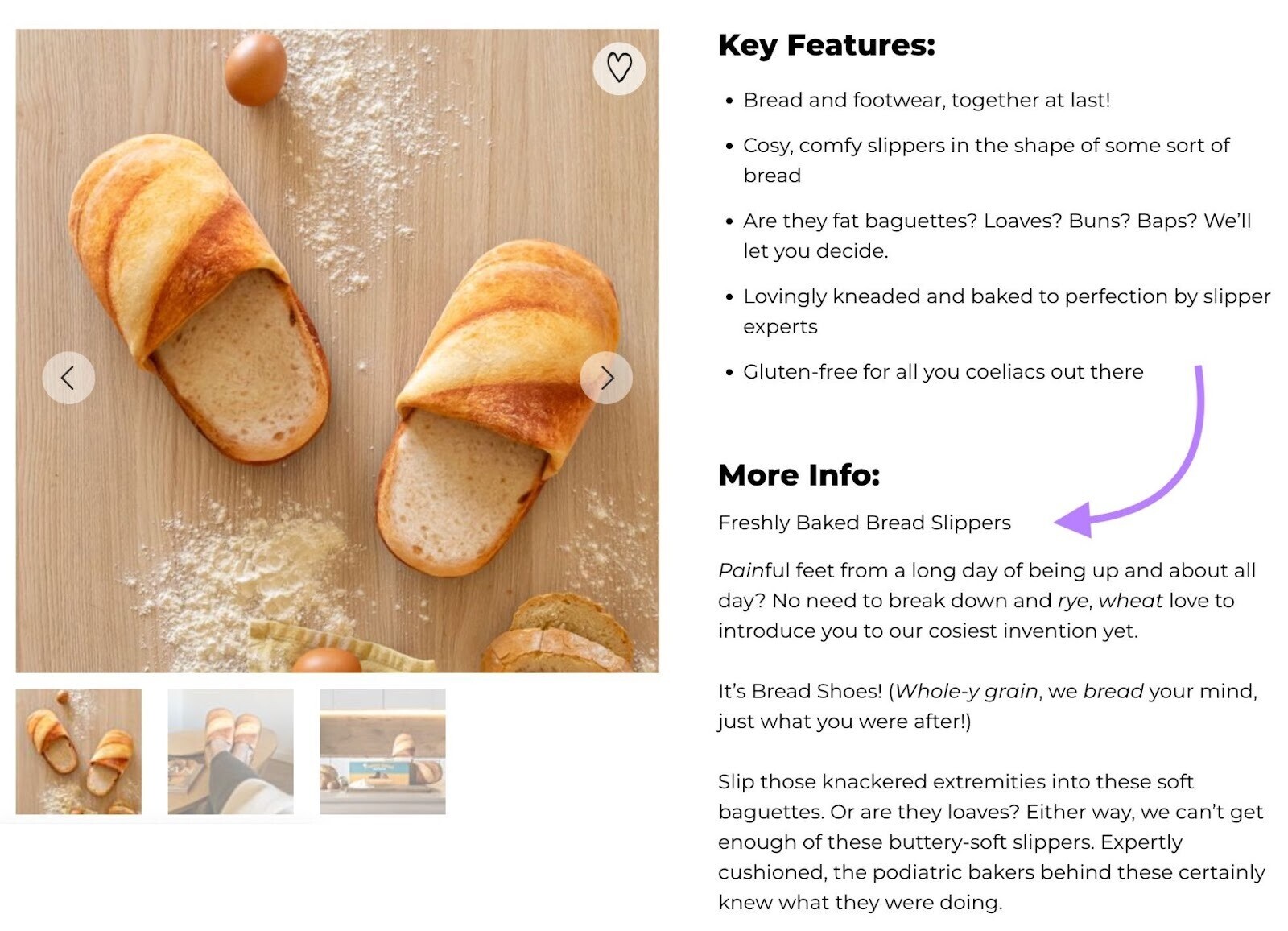 Freshly Baked Bread Slippers," which includes sentences like "Gluten-free for all you coeliacs out there.