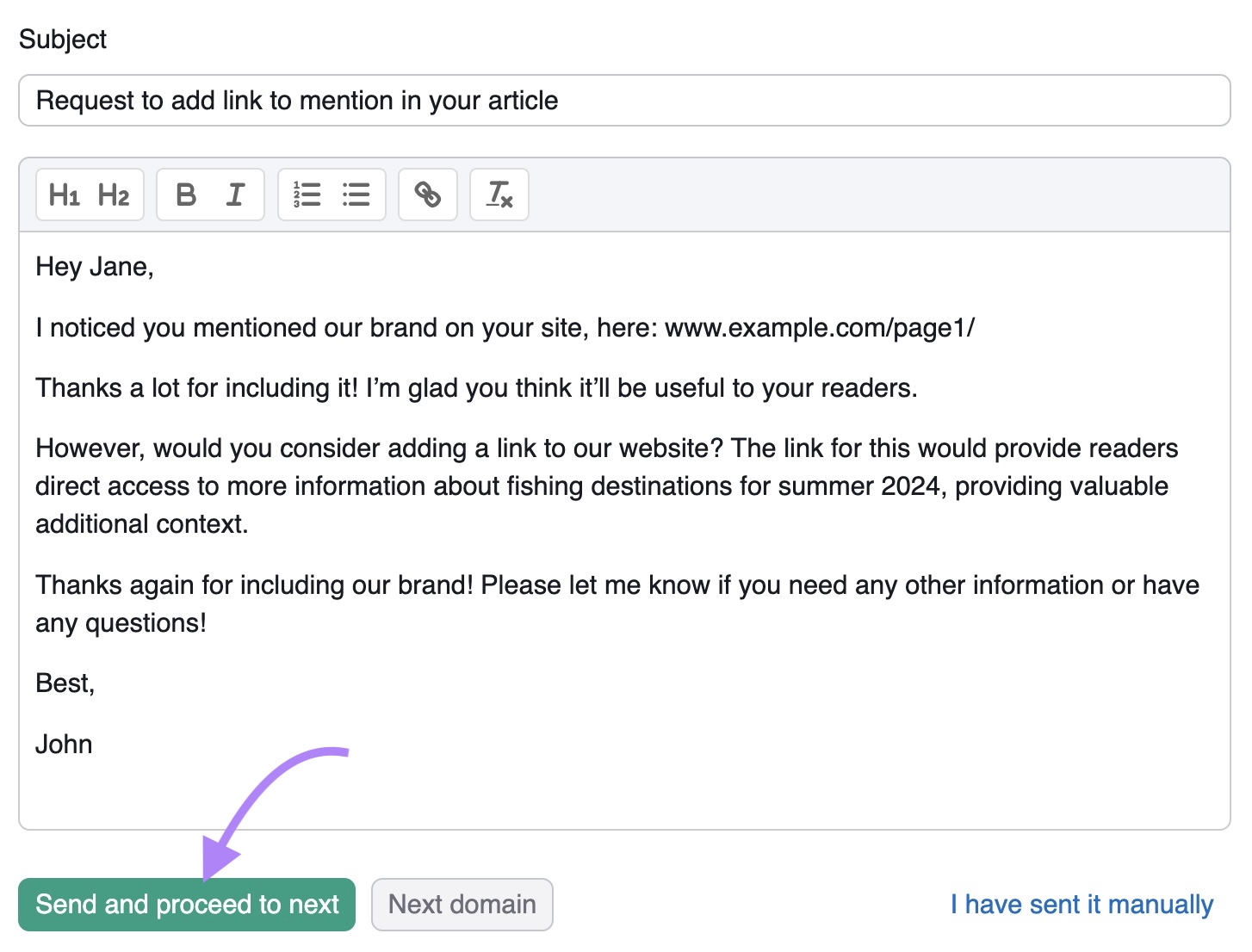 Subject line and email body requesting to add a link to a mention on an article along with an arrow pointing toward “Send and proceed to next.”