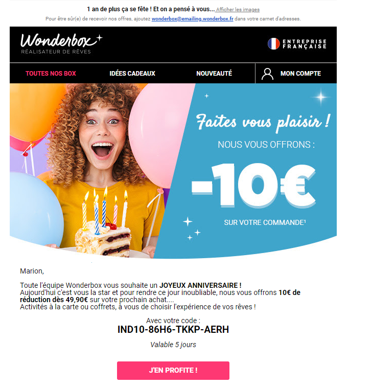 Email anniversaire client avec bon de réduction offert