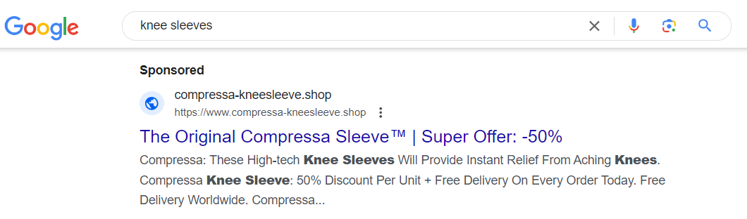 Google search results for "knee sleeves" showing an ad for "The Original Compressa Sleeve" with a promotional offer.