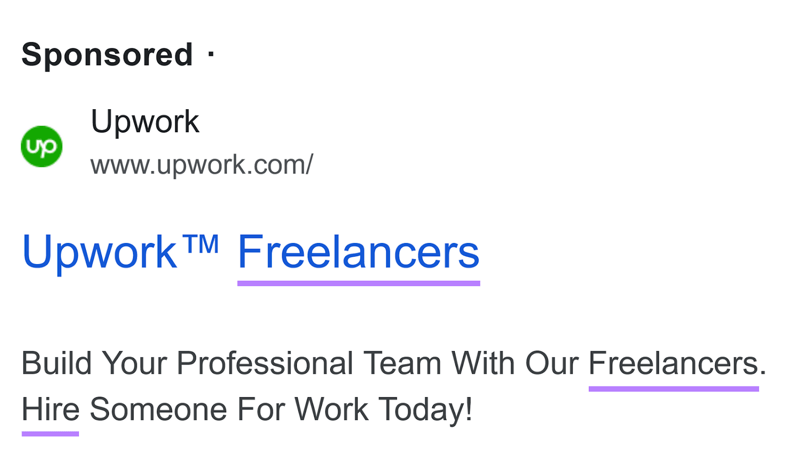 An ad from Upwork, with "hire," and "freelancers" keywords highlighted