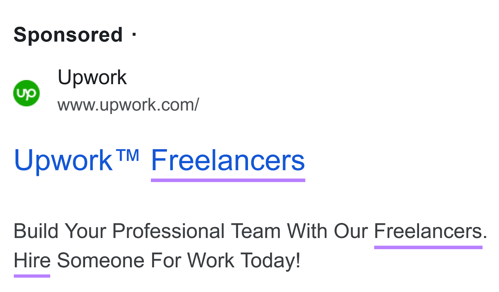 An advertisement  from Upwork, with "hire," and "freelancers" keywords highlighted