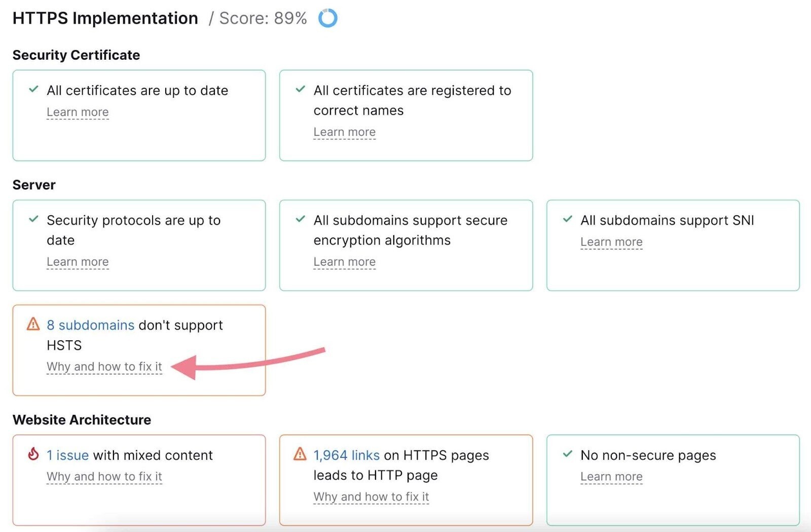 HTTPS report on Site Audit with "Why and how to fix it" under "8 subdomains don't support HSTS clicked