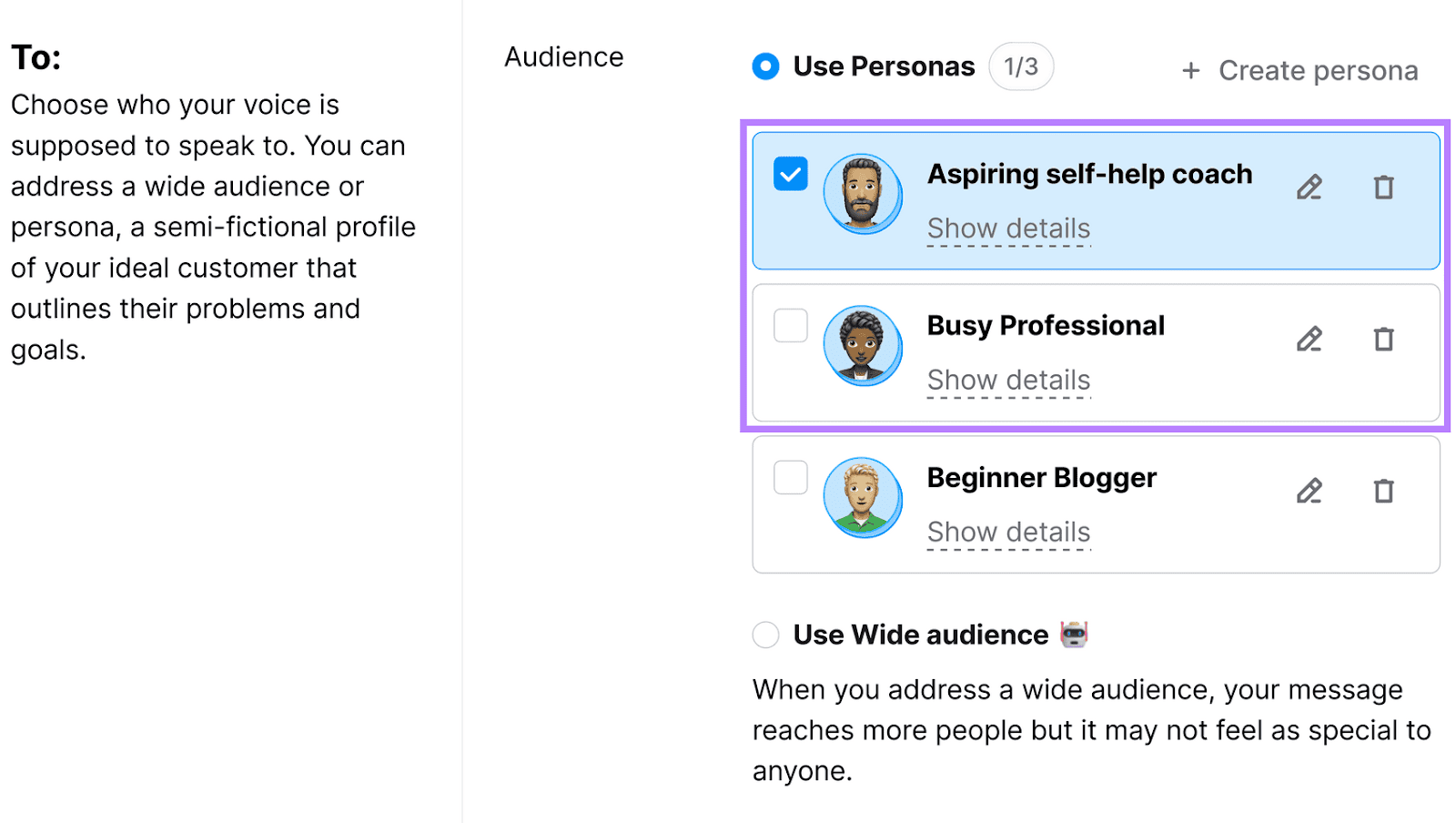 brand voice workflow, with focus on the highlighted personas "Aspiring self-help coach" and "Busy Professional"