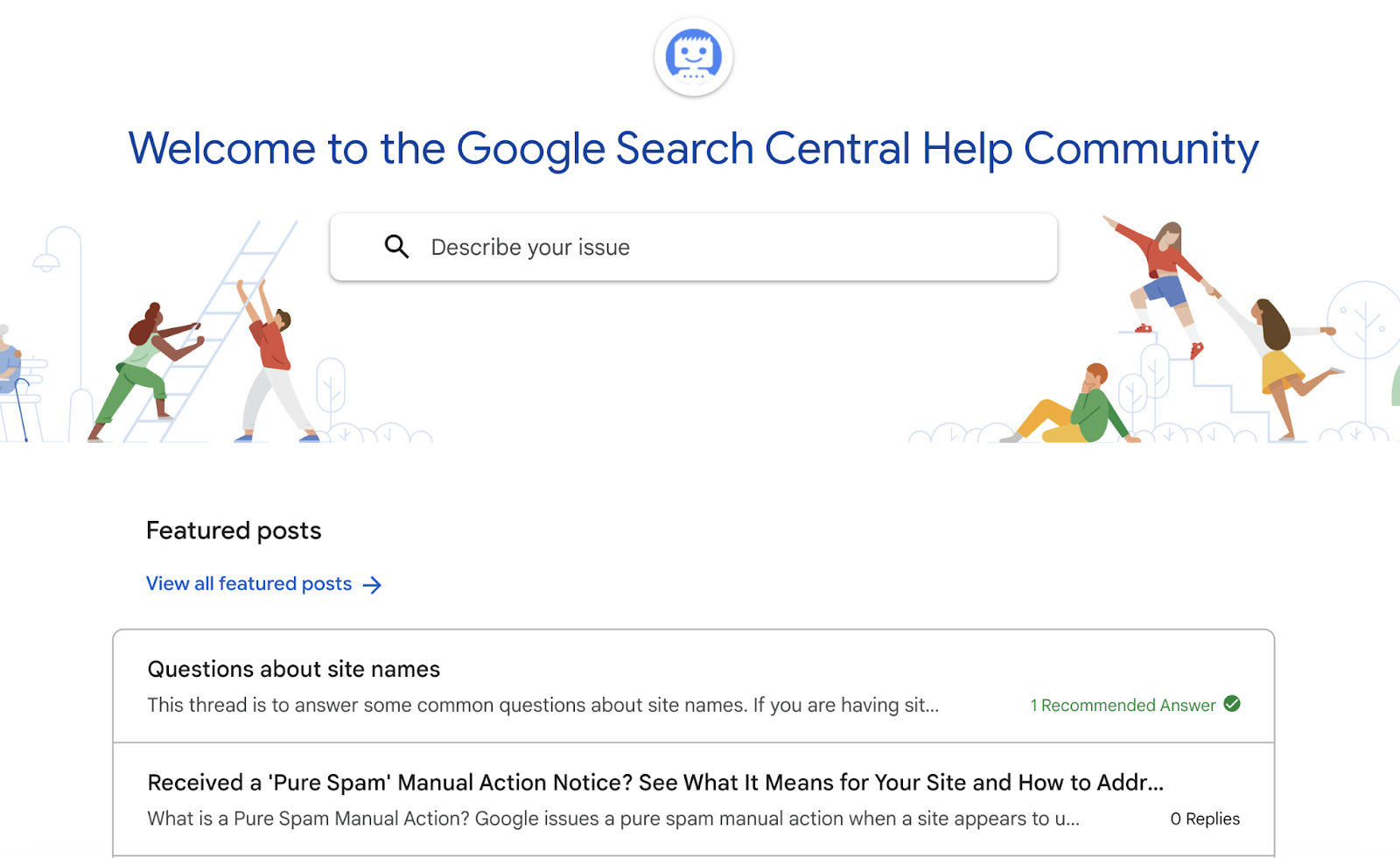 Google Search Central Help Community homepage with search bar and featured posts.