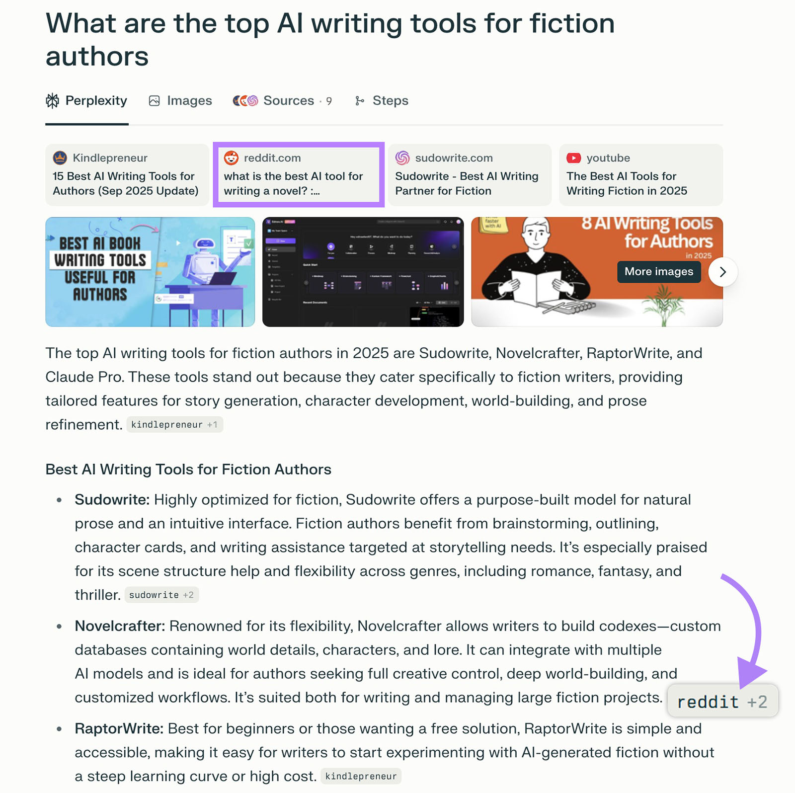 Perplexity search result citing Reddit as a source for AI writing tools.