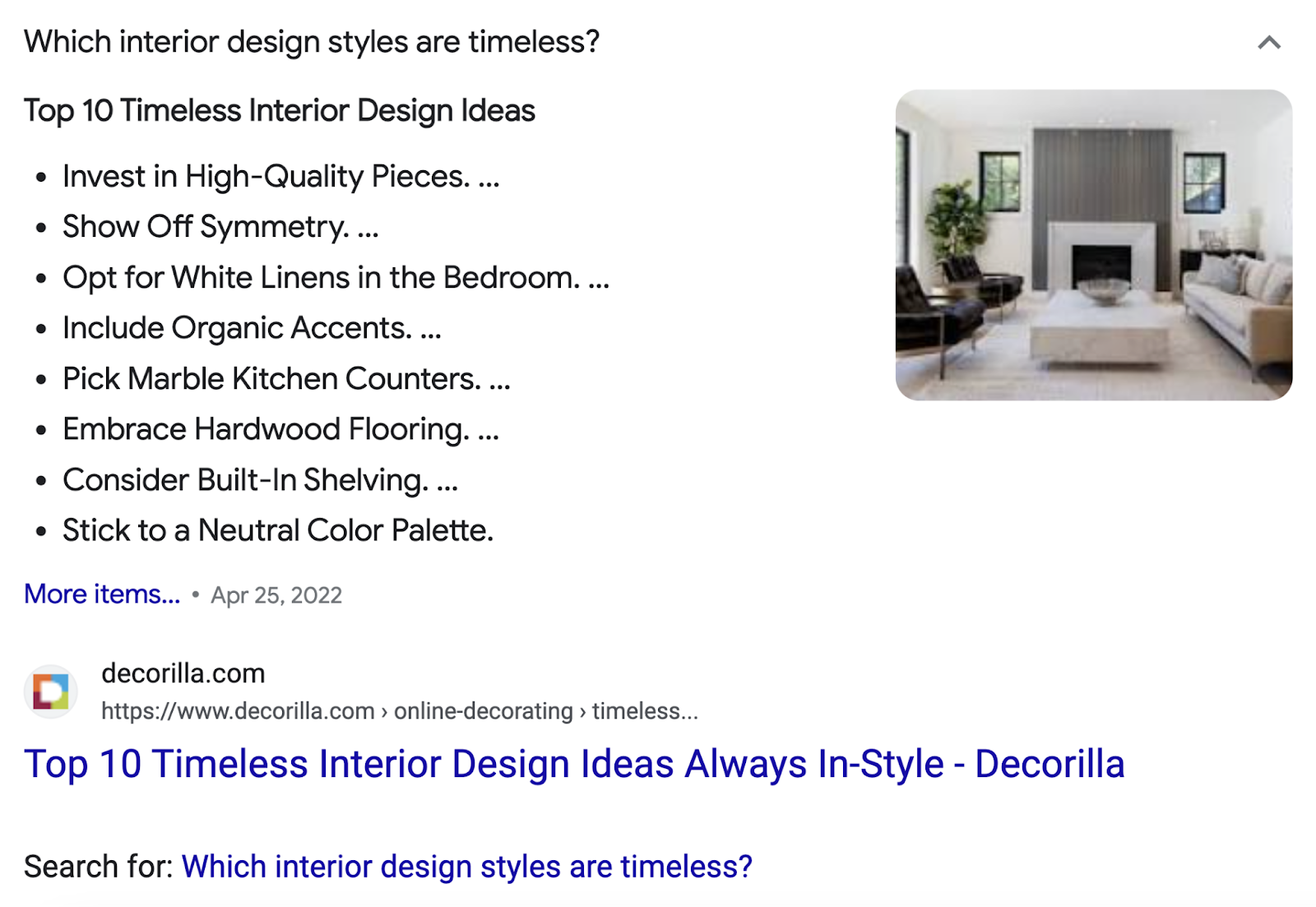 A featured snippet for “Which interior design styles are timeless?”