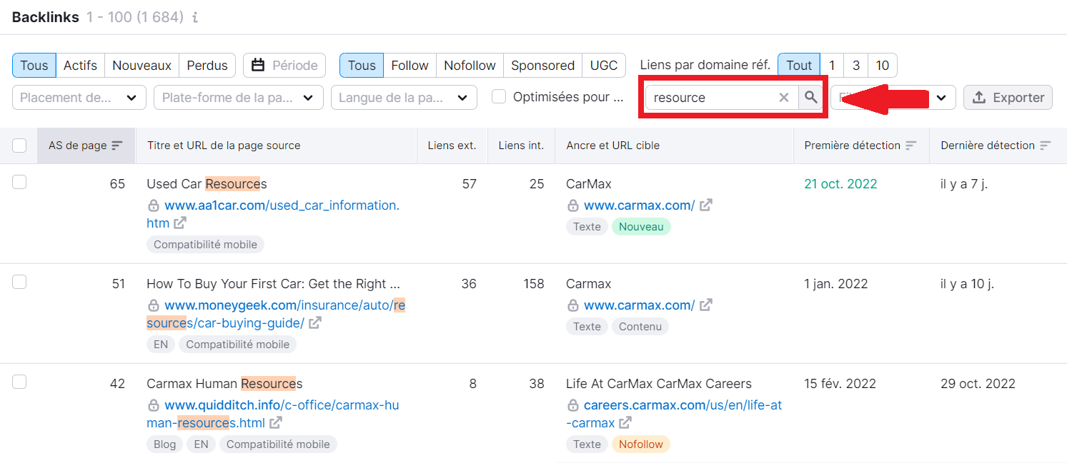 Analyse de backlinks, filtre