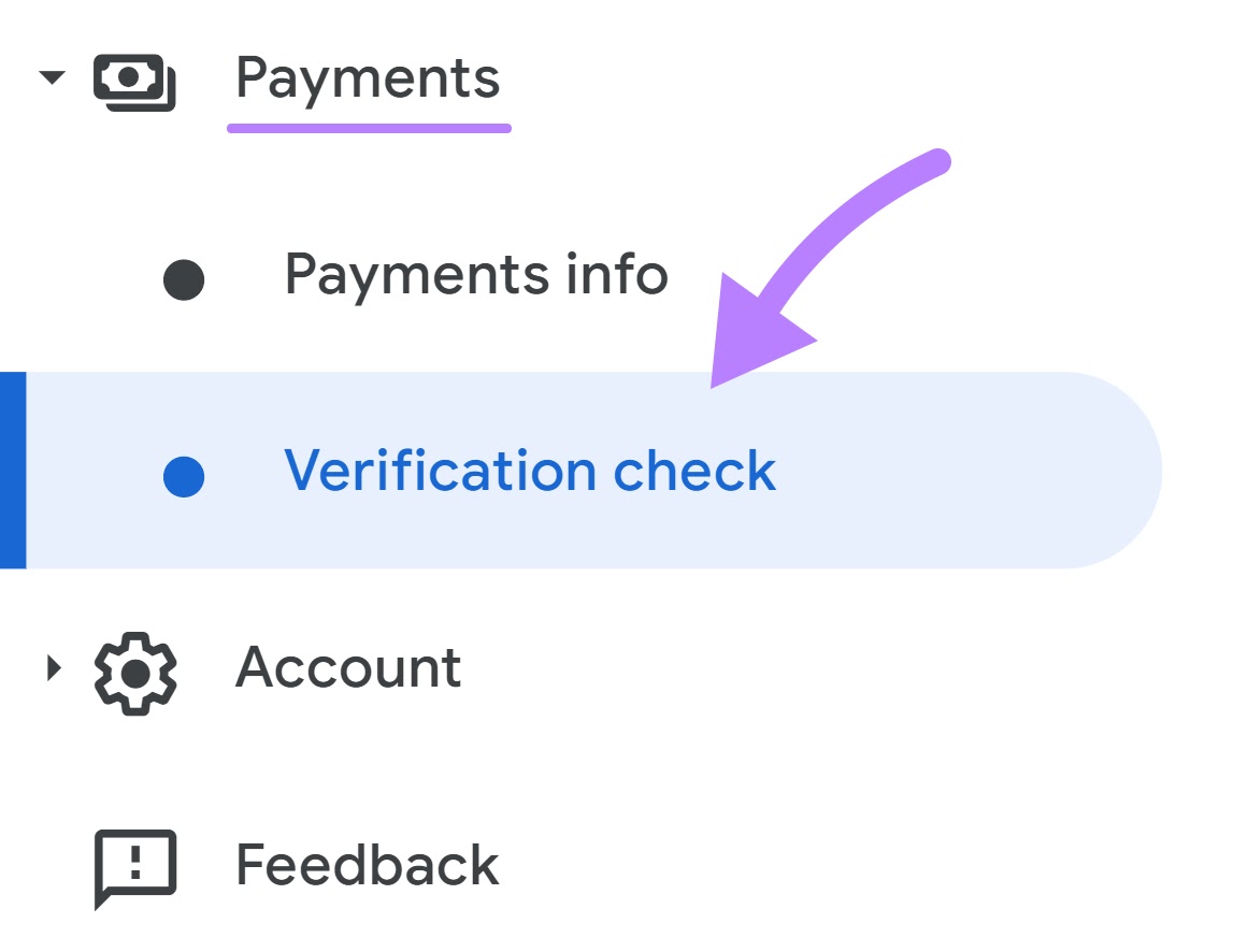 "Verification check" highlighted in Google AdSense account menu