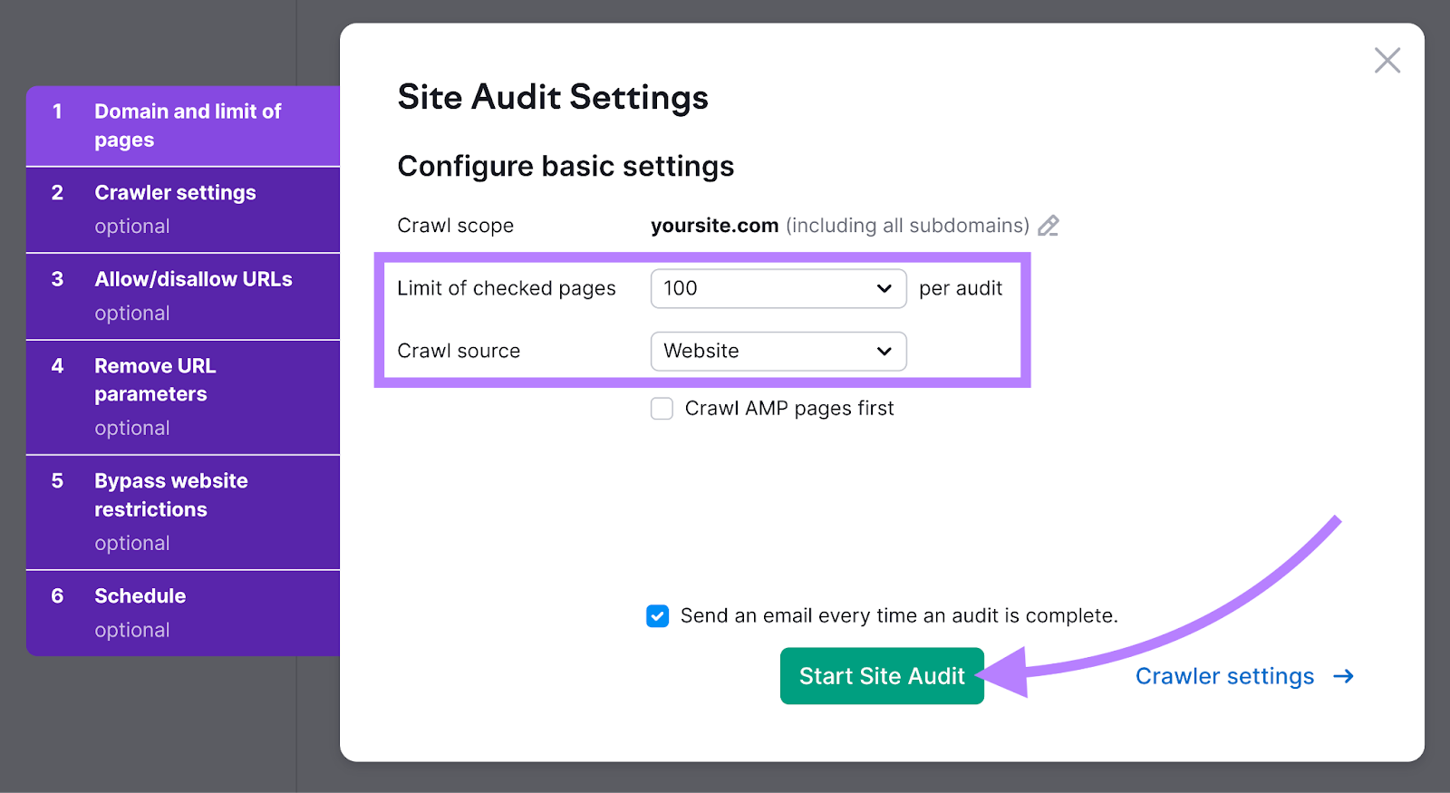 “Site Audit Settings” page