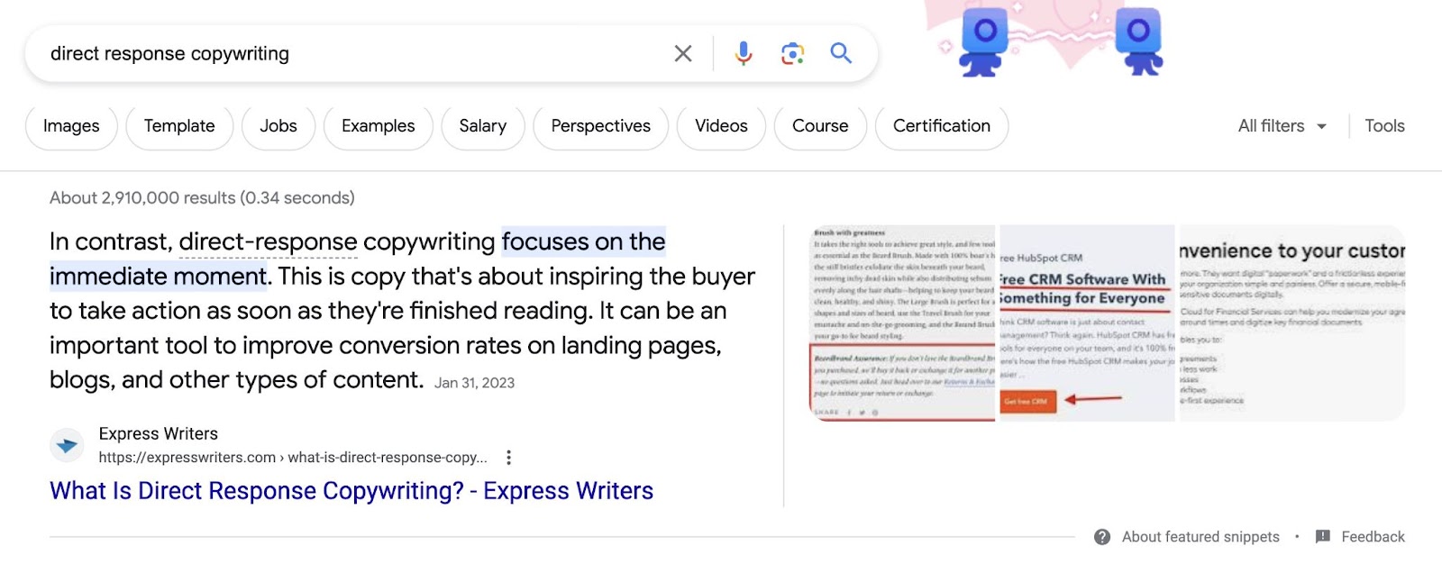 A featured snippet on Google's SERP for "direct response copywriting" query