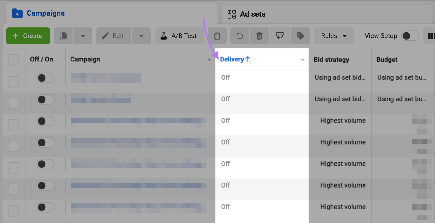 “Delivery” column inside Meta Ads Manager