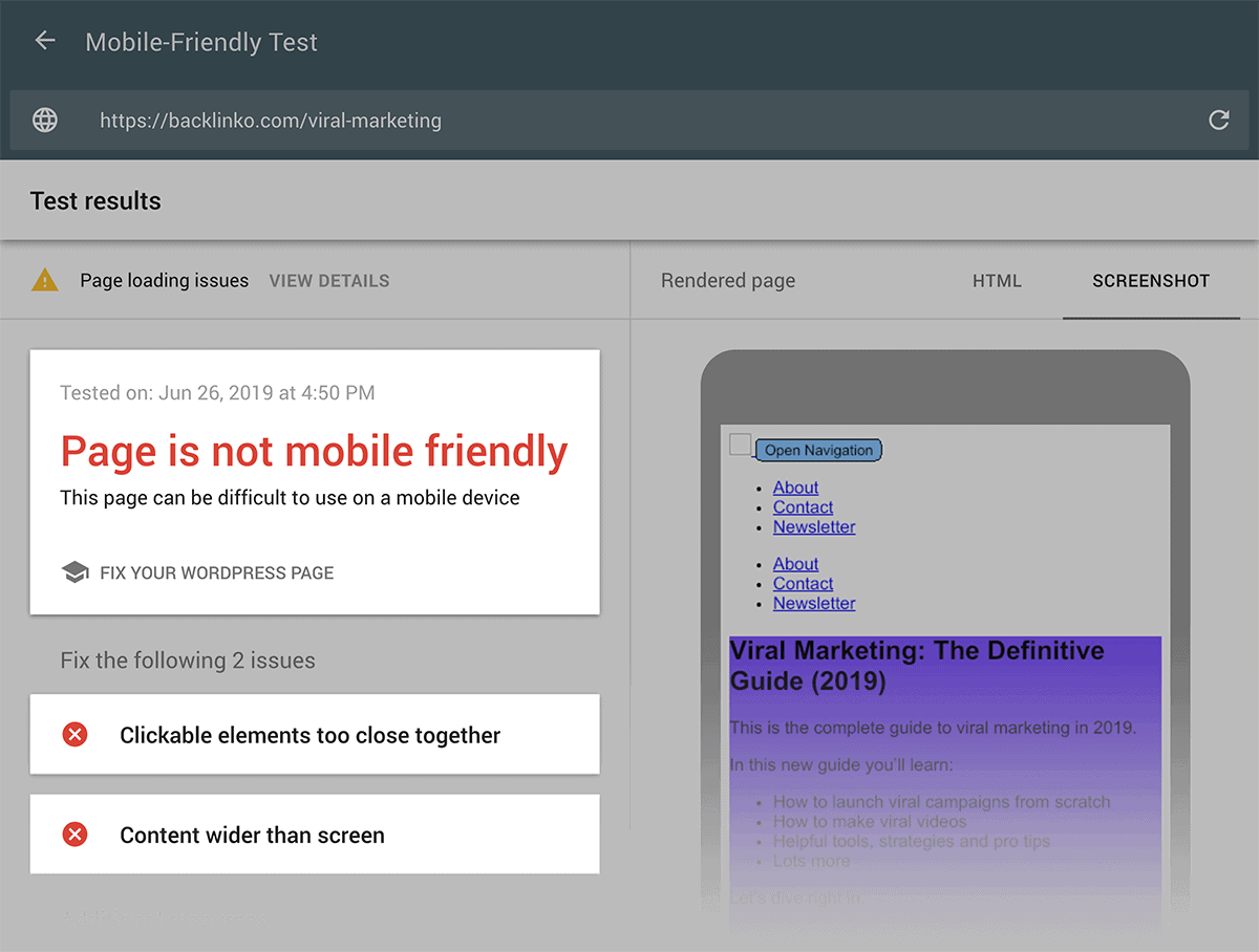 Google Mobile-Friendly Test – Viral Marketing post with errors
