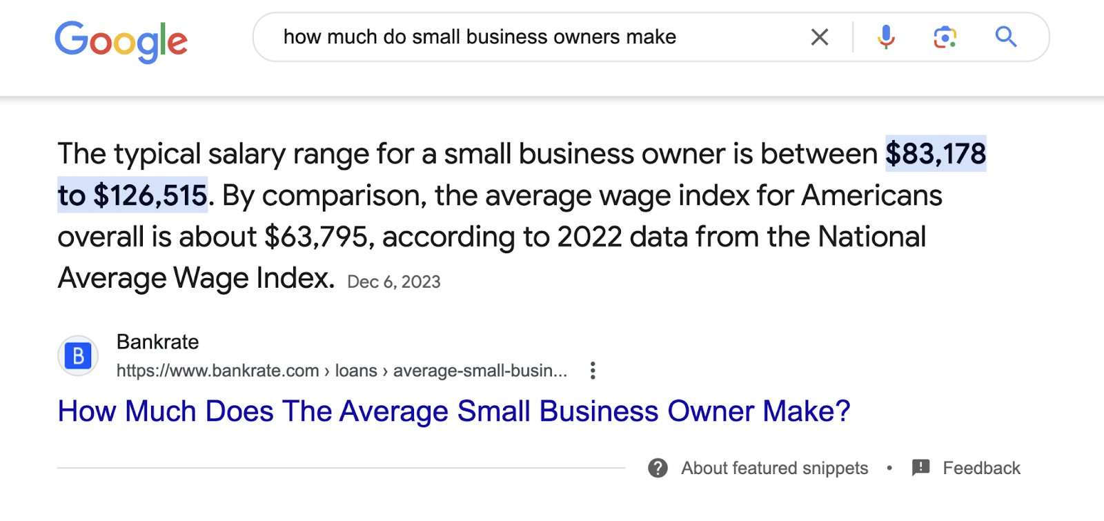 this featured snippet shows a typical salary range for small business owners, updated within the past year