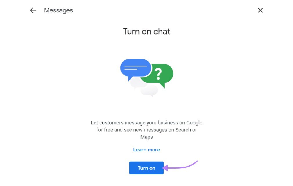 Turning on chat in Google Business Profile