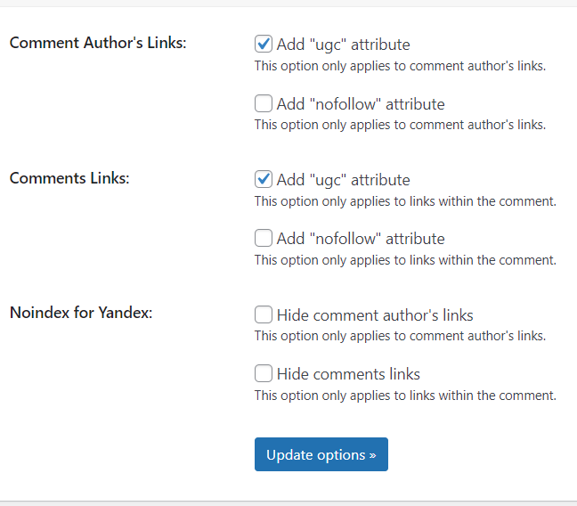 UGC Comments plugin with "Add 'ugc' attribute" box checked for the "Comments Links" section