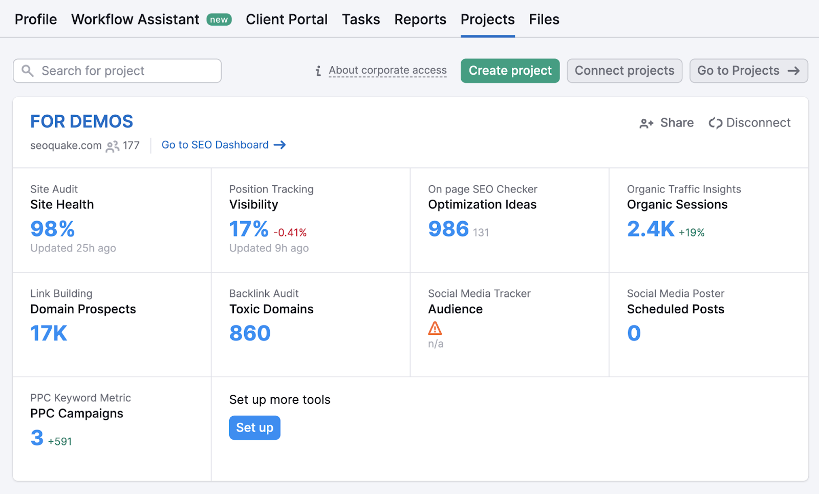 "Projects" dashboard in Semrush CRM