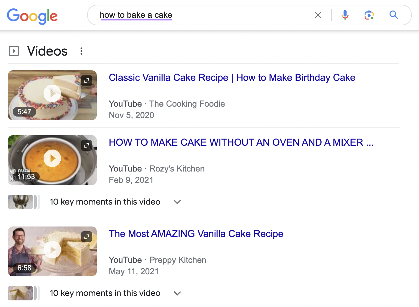 Google "Videos" results for “how to bake a cake”