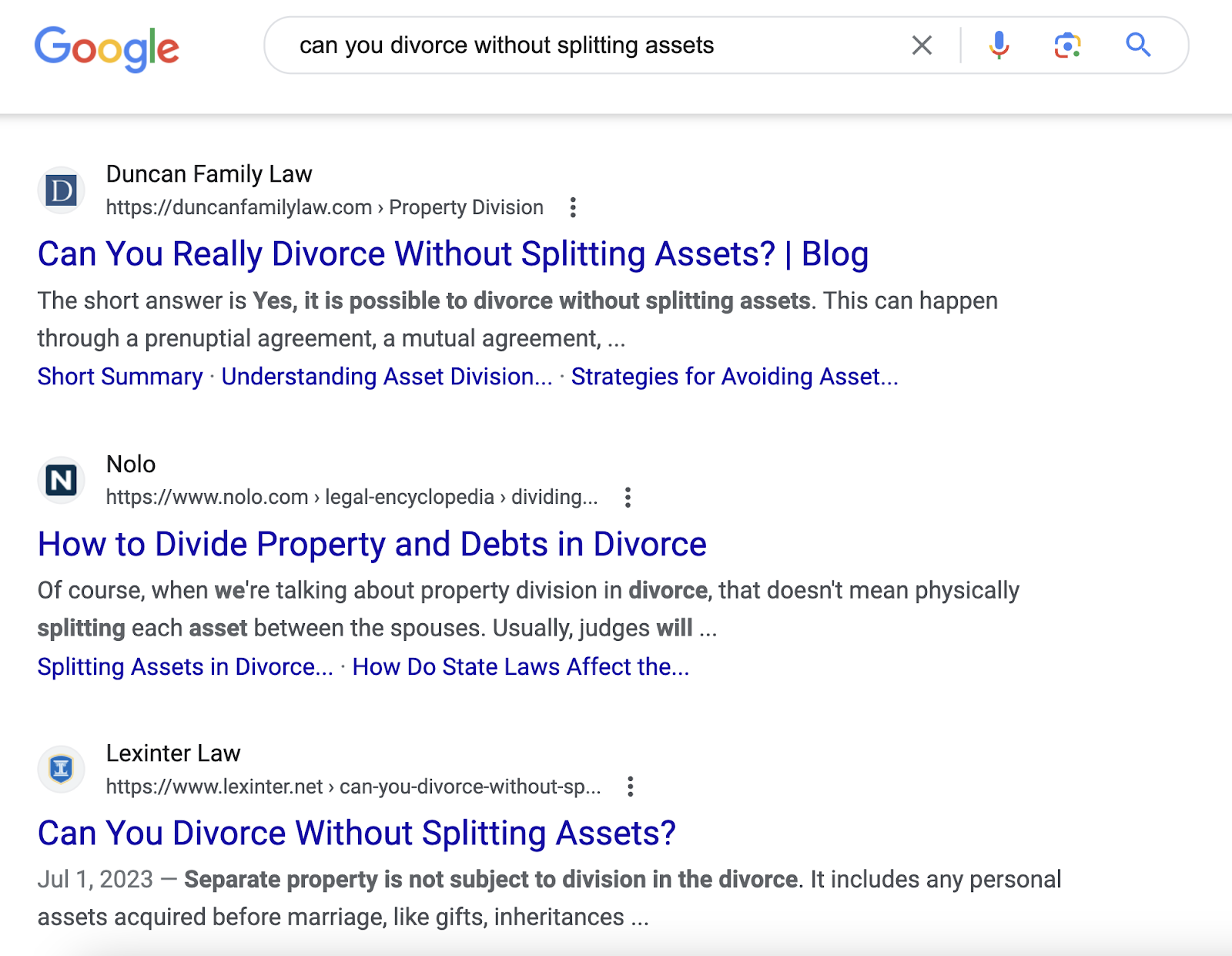 Google's SERP for “can you divorce without splitting assets” query