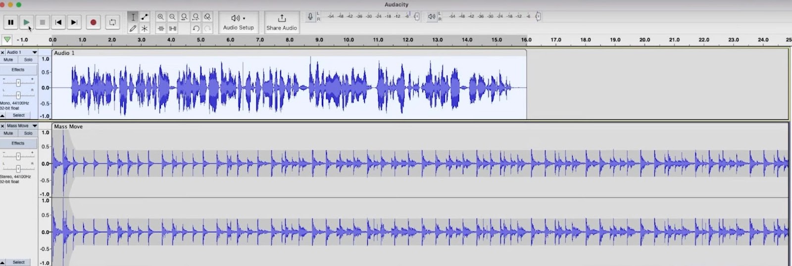 The interface on Audacity showing the timeline of an audio file along with different options to edit it.