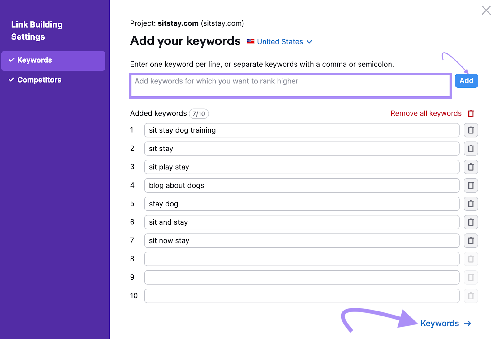 "Add your keywords" model   successful  Link Building Tool settings