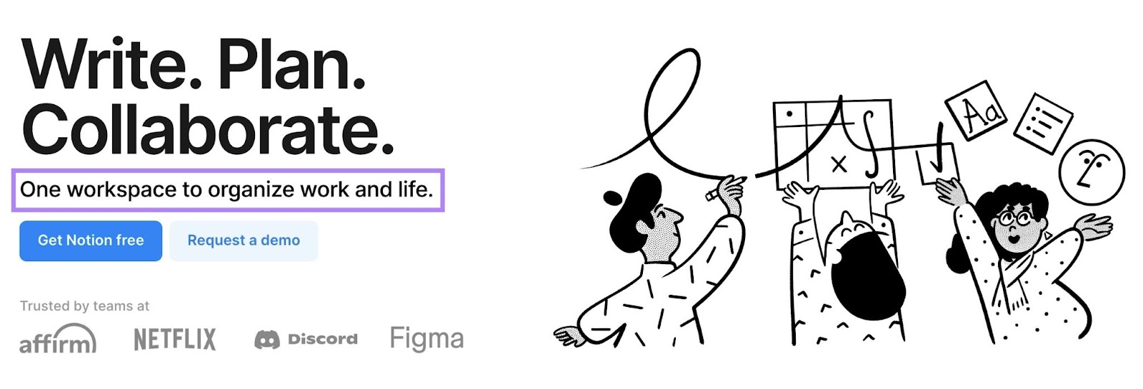 Notion homepage with the merchandise  messaging targeting their audience's symptom  points highlighted.
