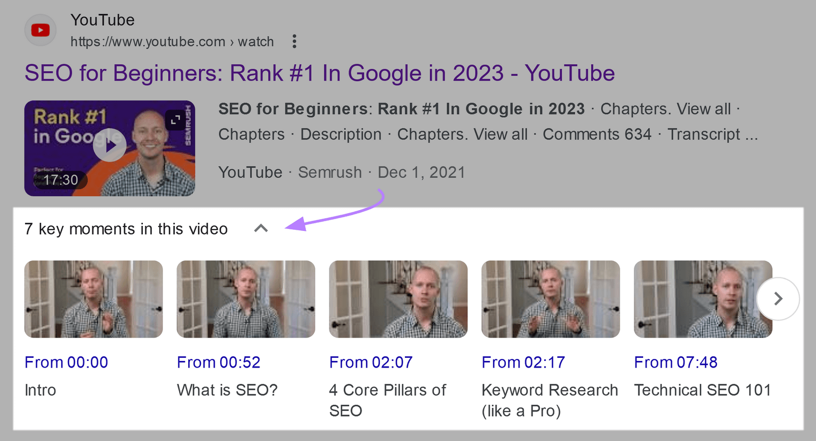 How video chapters appear on Google SERPs.