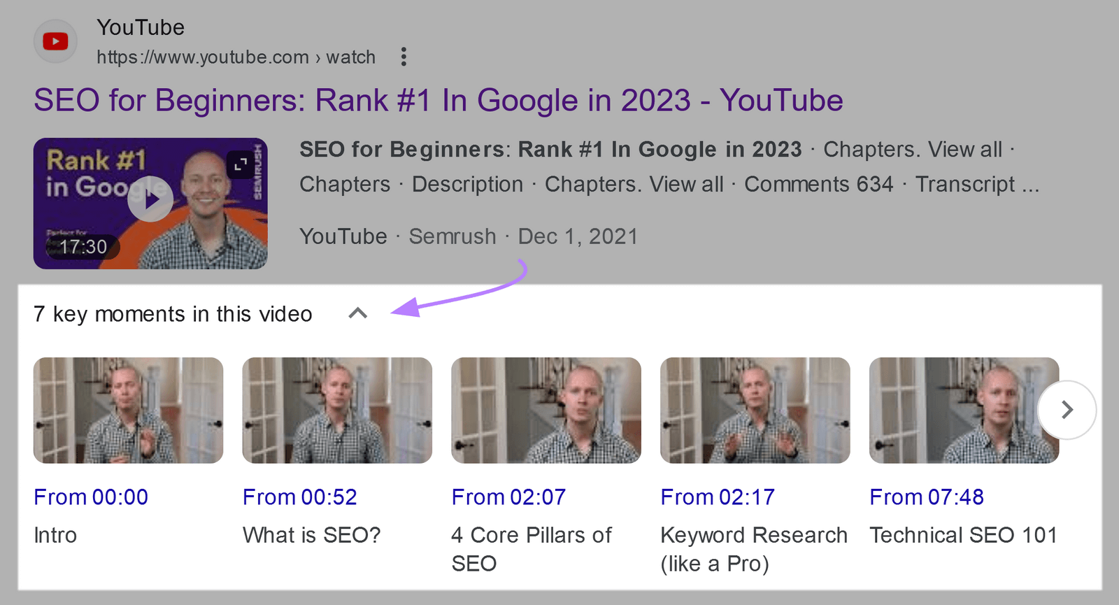 How video chapters look  connected  Google SERPs.