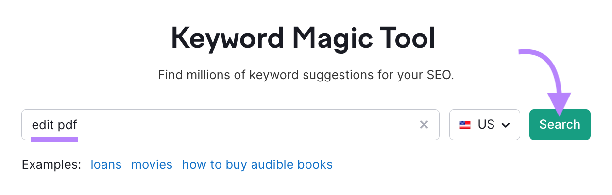 search for "edit pdf" in Keyword Magic Tool