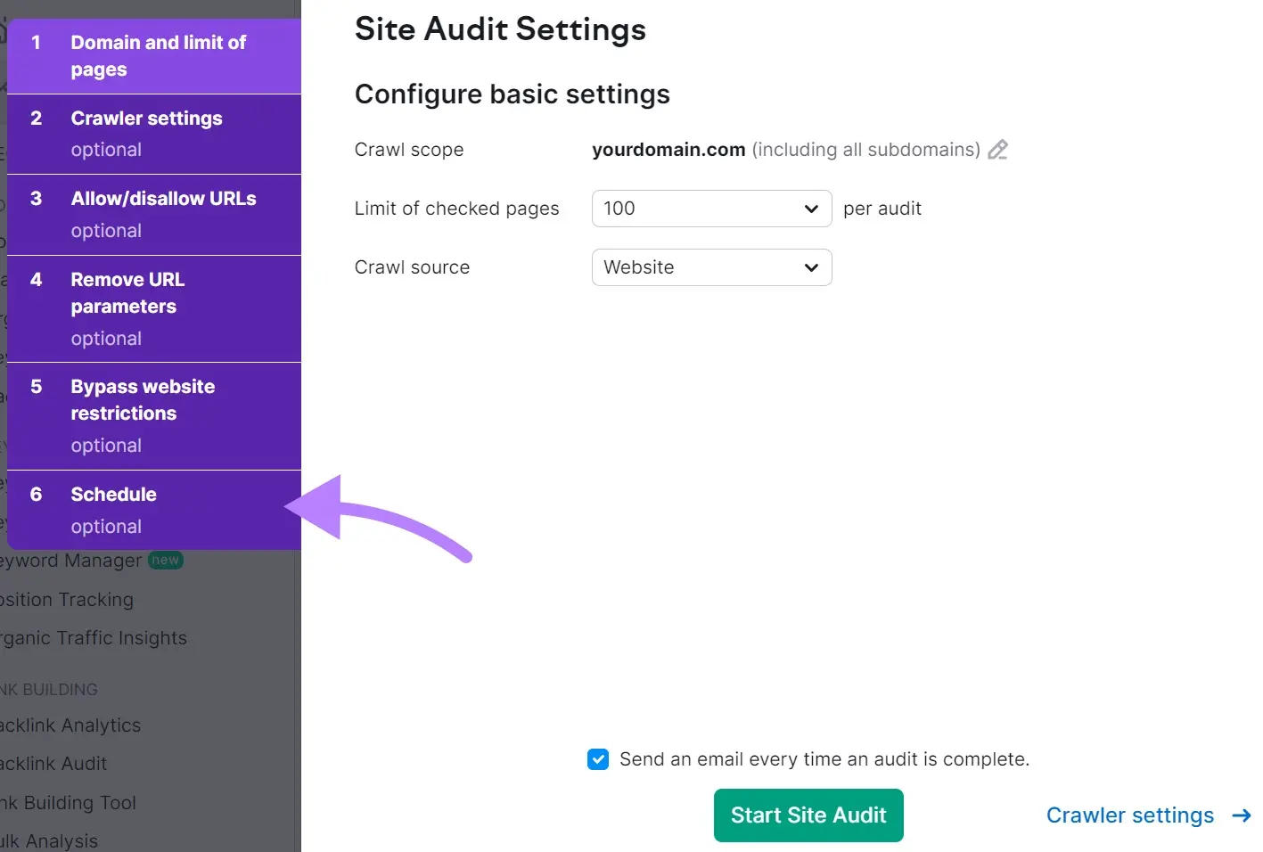 site audit setup with Schedule enactment    highlighted